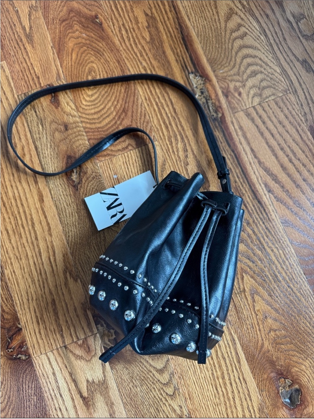 Zara Black Studded Bucket Bag Crossbody Silver